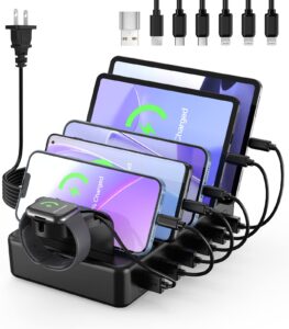 charging station for multiple devices, hsicily 6 ports 50w charger station with 6 cables charging dock designed for kindle iphone ipad cell phones tablets apple watch