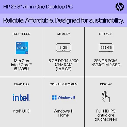 HP 23.8 inch All-in-One Desktop PC, FHD Display, 13th Generation Intel Core i5-1335U, 8 GB RAM, 256 GB SSD, Intel UHD Graphics, Windows 11 Home, 24-cr0070 (2023)