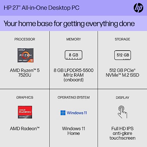 HP 27 inch All-in-One Desktop PC, FHD Display, AMD Ryzen 5 7520U, 8 GB RAM, 512 GB SSD, AMD Radeon Graphics, Windows 11 Home, 27-cr0060 (2023)