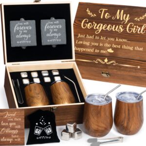 gift for her anniversary best birthday gifts for girlfriend, wine tumbler gift set wood anniversary 5 year gift for her romantic, 1st anniversary for her 'to my gorgeous girl' engraved wooden gift set