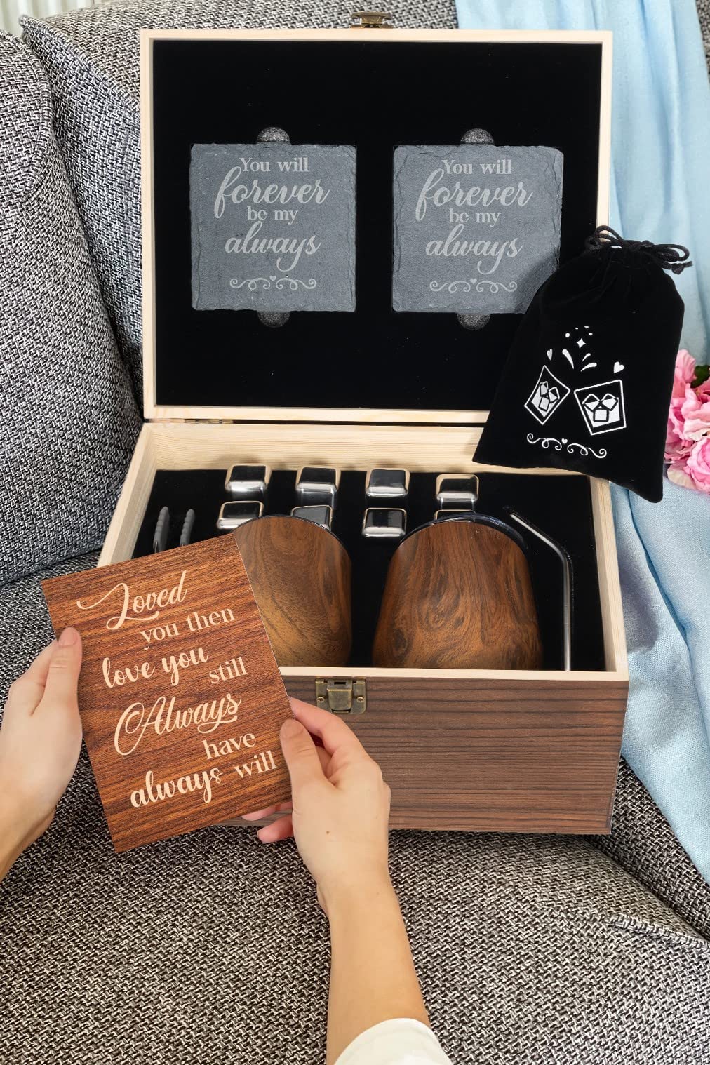 Gift for Her Anniversary Best Birthday Gifts for Girlfriend, Wine Tumbler Gift Set Wood Anniversary 5 Year Gift for Her Romantic, 1st Anniversary for Her 'To My Gorgeous Girl' Engraved Wooden Gift Set