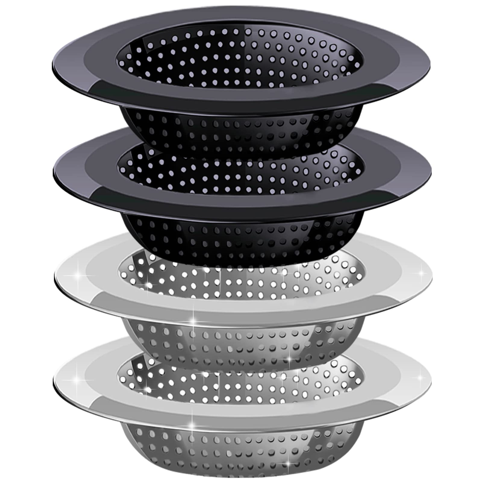 Kitchen Sink Drain Strainer, 4 Pack Stainless Steel and Black Mesh Sink Strainer for Kitchen with Large Wide Rim 4.5" Diameter, Sink Filter Strainer with 3" Basket Sink Food Catcher