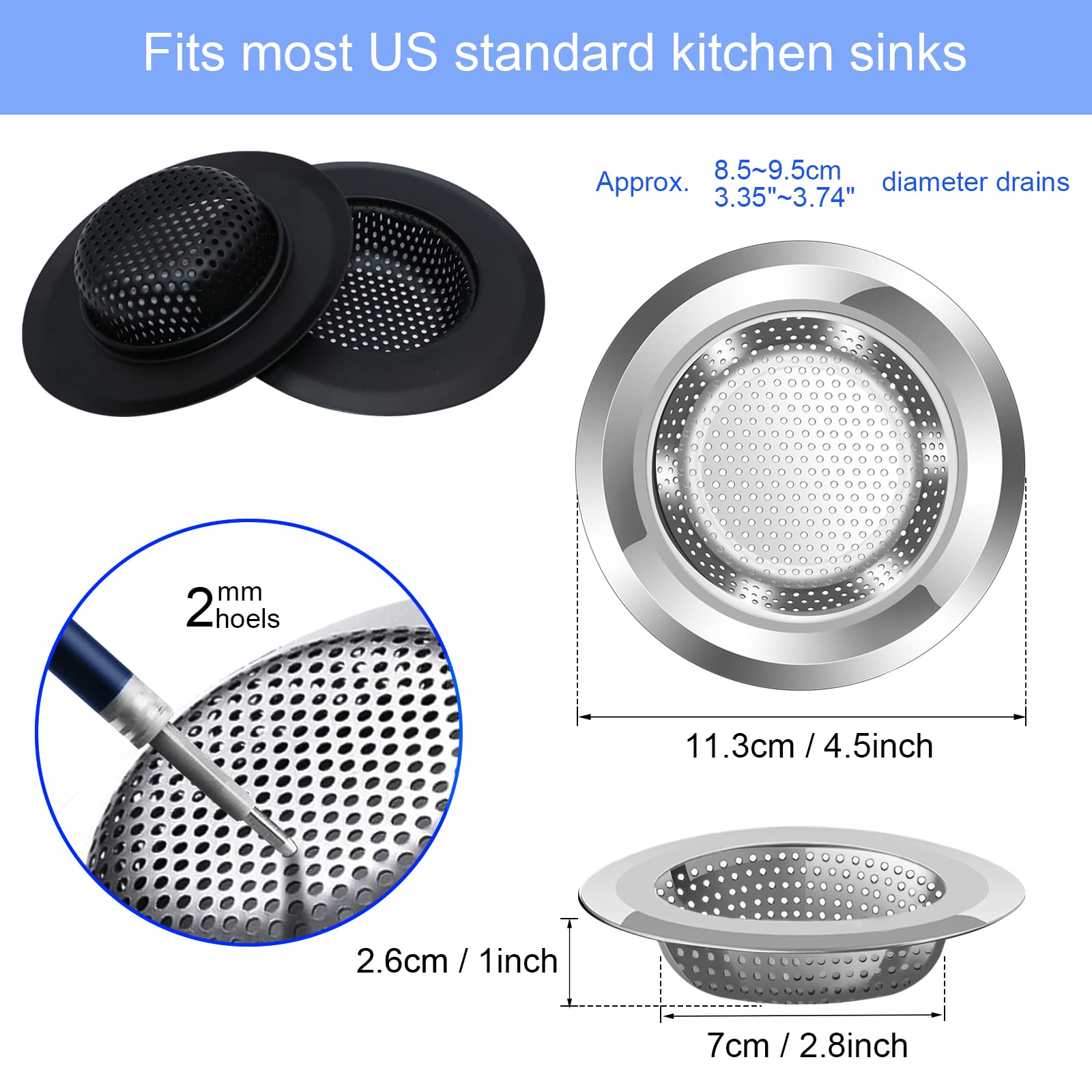 Kitchen Sink Drain Strainer, 4 Pack Stainless Steel and Black Mesh Sink Strainer for Kitchen with Large Wide Rim 4.5" Diameter, Sink Filter Strainer with 3" Basket Sink Food Catcher