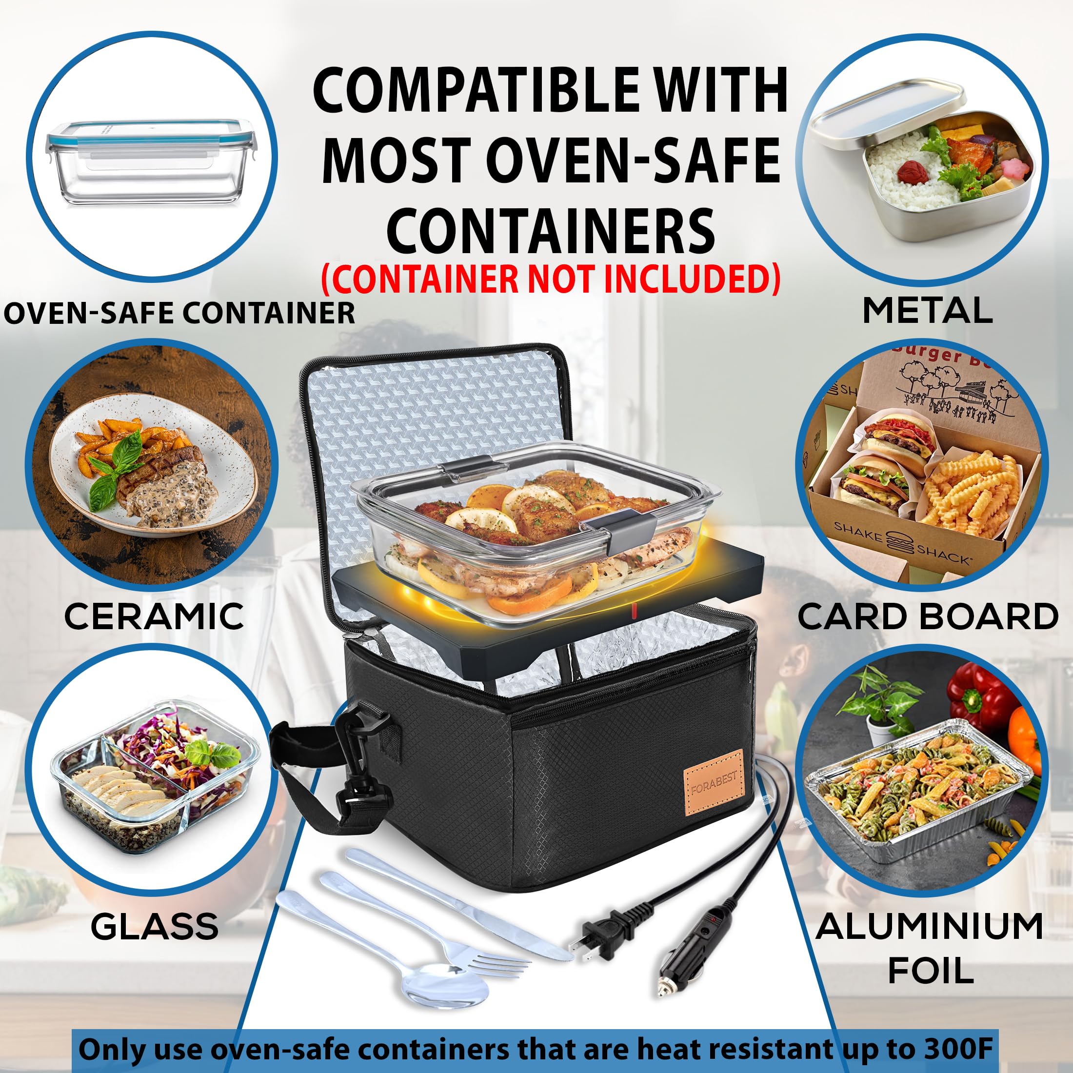 Forabest Portable Microwave Food Warmer - 12V/24V,110V/220V Fast Heating Portable Food Warmer Lunch Box, Personal Portable Oven Electric Lunch Box for Reheating Food in Car, Truck, Camping, Work