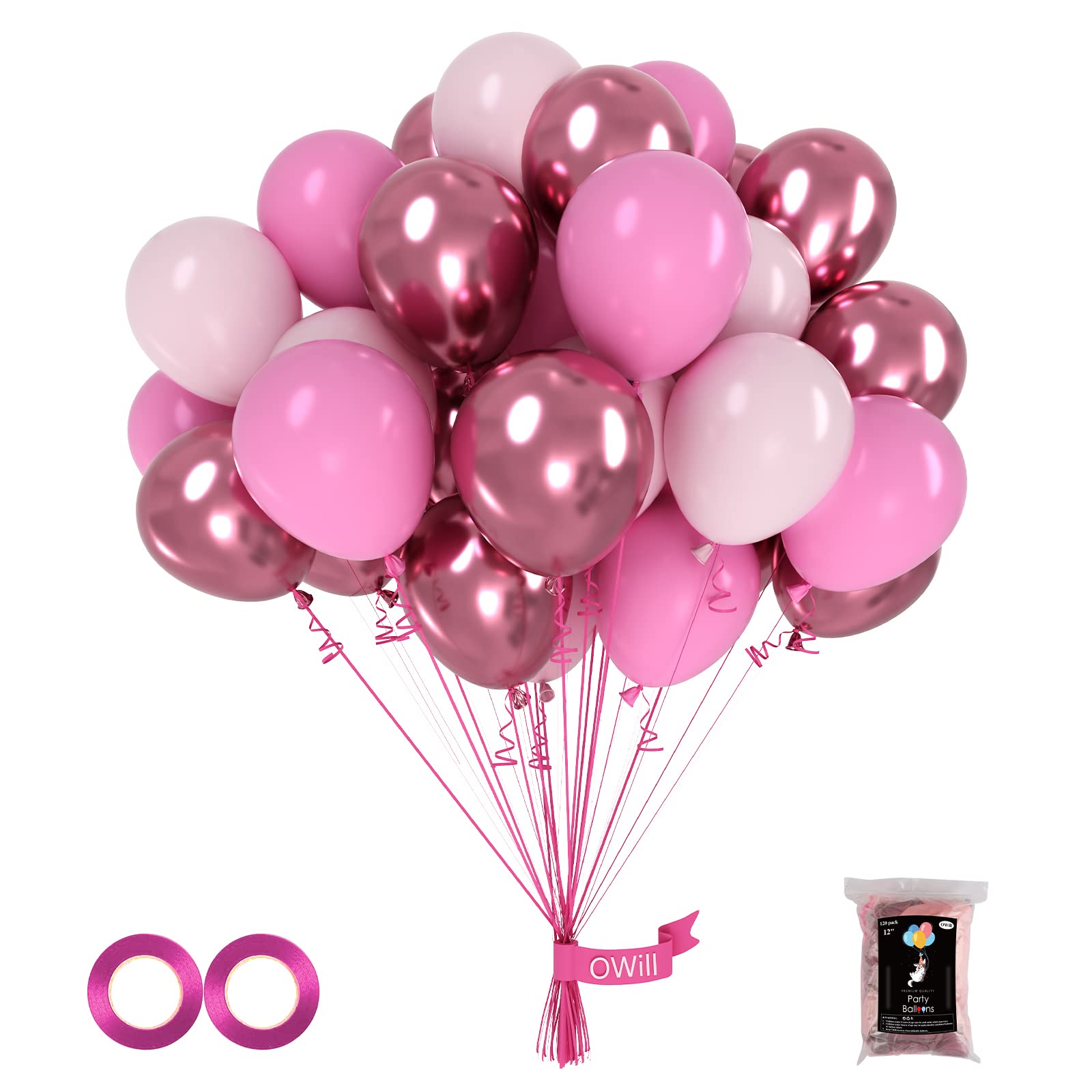 OWill 100pcs Balloons Metallic Pink 12 Inches Pink Latex Balloons,Light Pink and Deep Pink Balloons for Birthday Baby Shower Wedding Party Supplies Arch Garland Decoration