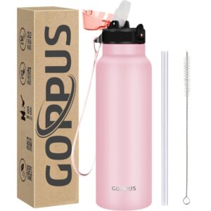 goppus 24 oz insulated double wall vacuum water bottle with straw stainless steel sports water cup leakproof wide mouth resusable water bottles for kids men women pink-1 lid