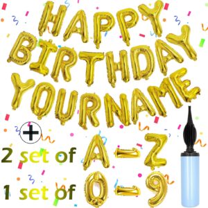 76pcs happy birthday balloon banner, gold balloons letters, personalized 16" mylar foil birthday decorations includes 2 sets a- z, 1 set number 0-9 and "happy birthday" letters (with balloon pump)