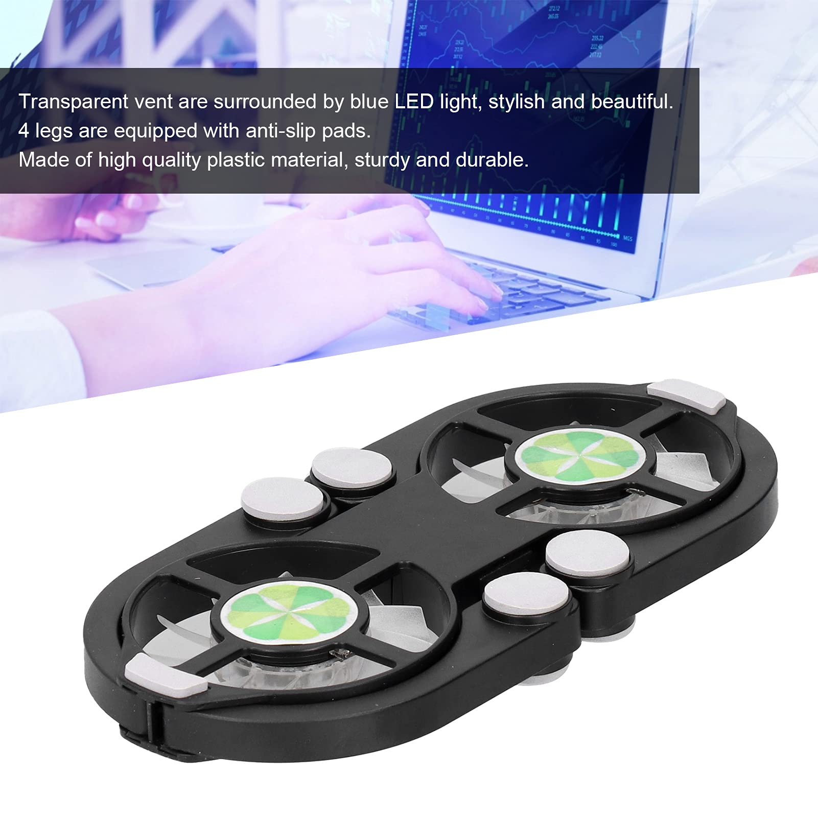 753 Folding USB Laptop Cooling Pad, Double Fans Low Noise Laptop Cooling Pad Light Cooling Fans Cooler Stand 500RPM-2500RPM Low Noise for Notebook (Black)