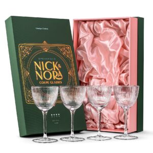 Vintage Art Deco Nick and Nora Coupe Glasses | Set of 4 | 5 oz Crystal Ribbed Cocktail Glassware for Drinking Classic Gin, Whiskey, Vodka Bar Drinks | Retro Long Stemmed Barware Goblets