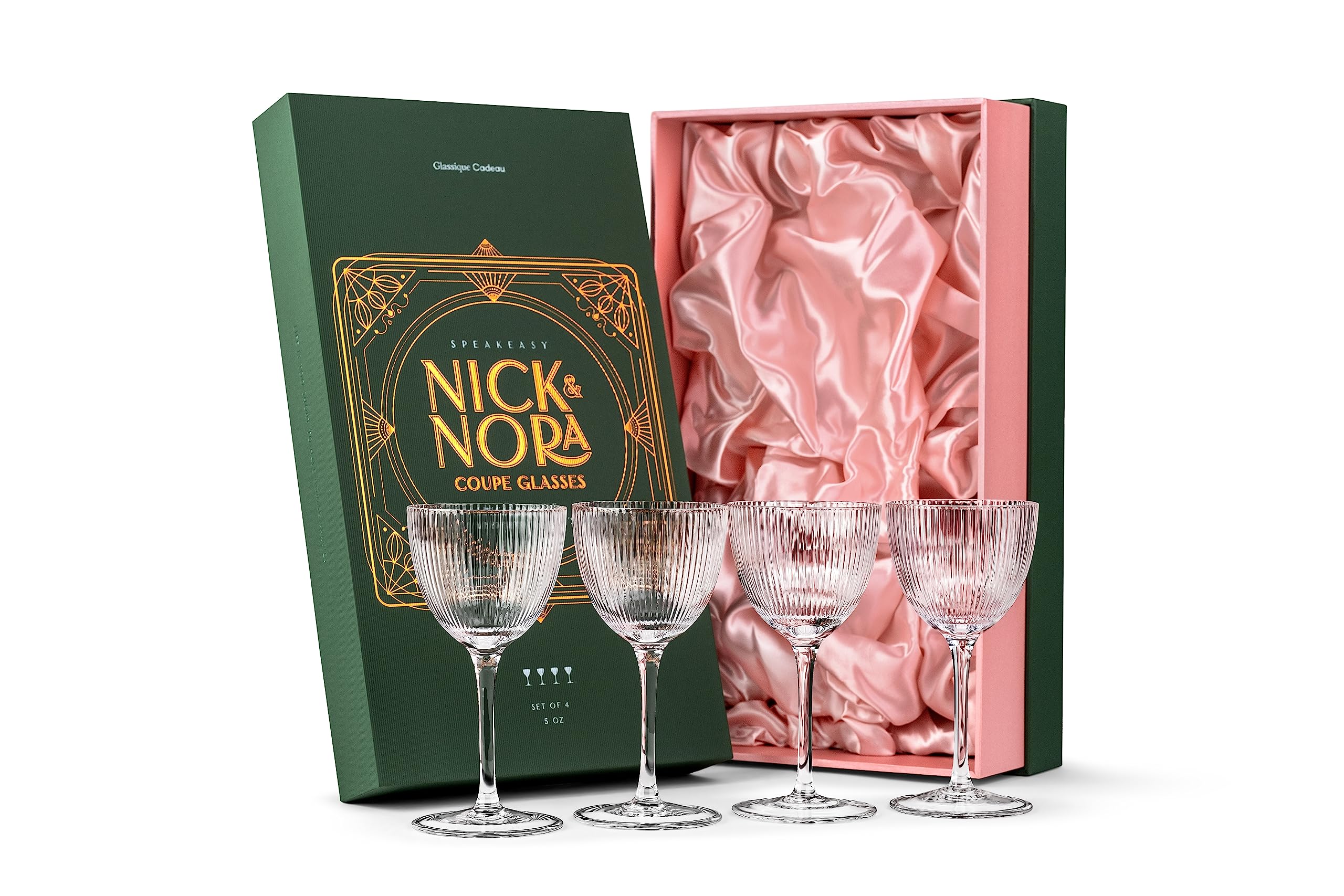 Vintage Art Deco Nick and Nora Coupe Glasses | Set of 4 | 5 oz Crystal Ribbed Cocktail Glassware for Drinking Classic Gin, Whiskey, Vodka Bar Drinks | Retro Long Stemmed Barware Goblets