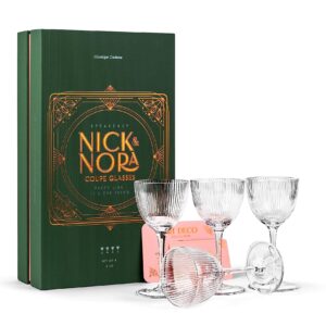 Vintage Art Deco Nick and Nora Coupe Glasses | Set of 4 | 5 oz Crystal Ribbed Cocktail Glassware for Drinking Classic Gin, Whiskey, Vodka Bar Drinks | Retro Long Stemmed Barware Goblets