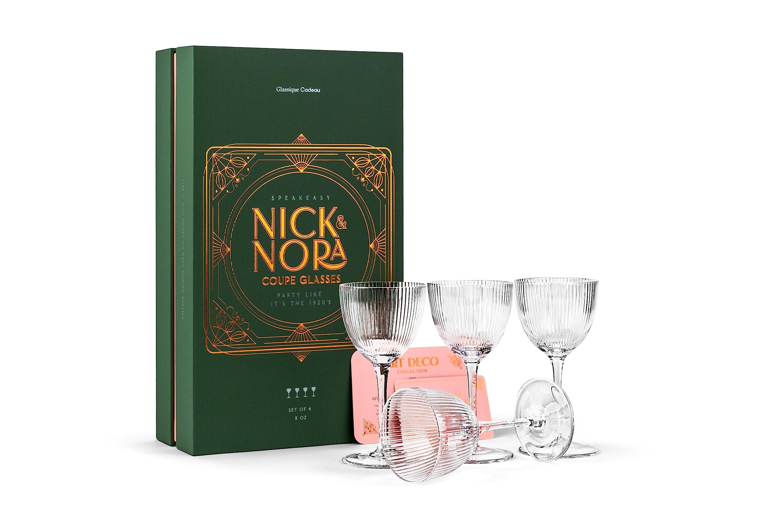 Vintage Art Deco Nick and Nora Coupe Glasses | Set of 4 | 5 oz Crystal Ribbed Cocktail Glassware for Drinking Classic Gin, Whiskey, Vodka Bar Drinks | Retro Long Stemmed Barware Goblets