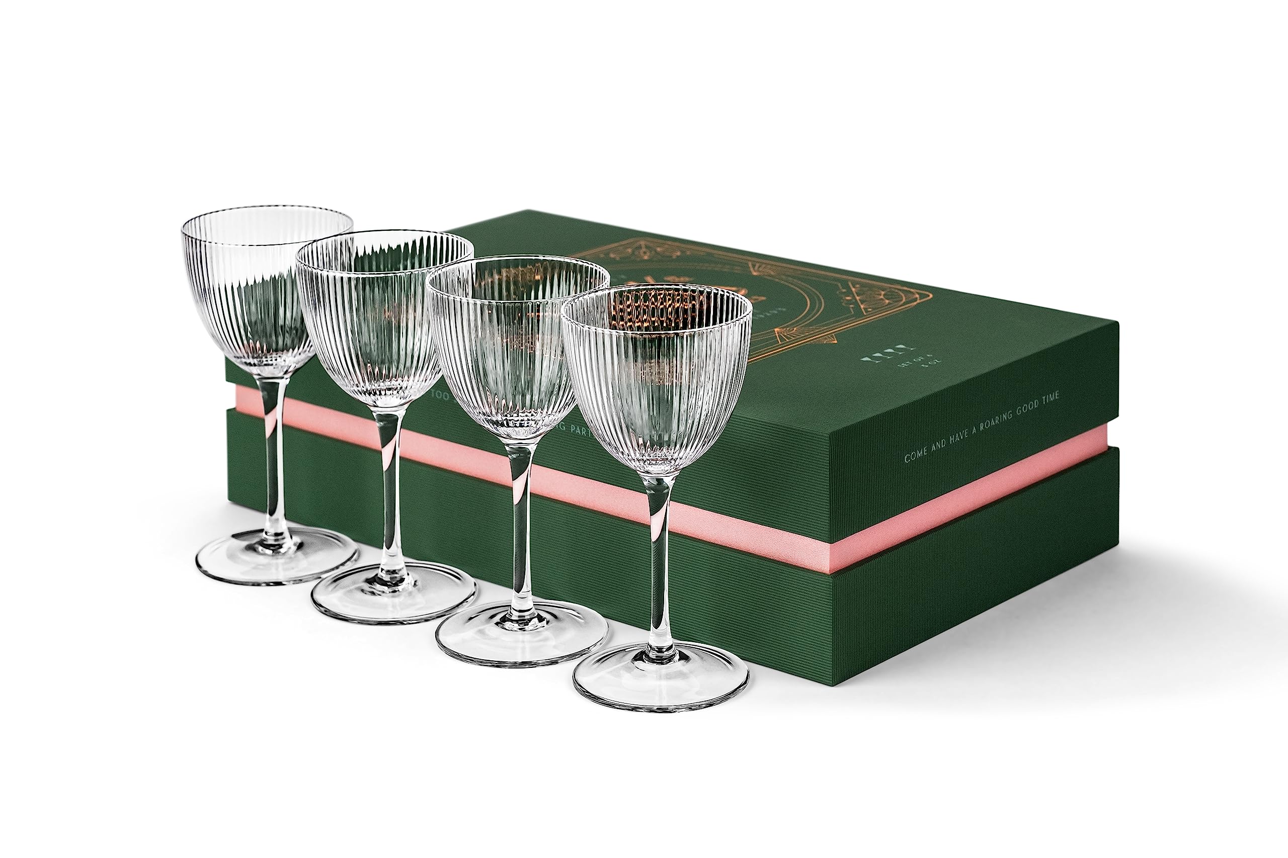 Vintage Art Deco Nick and Nora Coupe Glasses | Set of 4 | 5 oz Crystal Ribbed Cocktail Glassware for Drinking Classic Gin, Whiskey, Vodka Bar Drinks | Retro Long Stemmed Barware Goblets