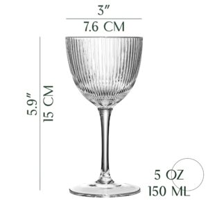 Vintage Art Deco Nick and Nora Coupe Glasses | Set of 4 | 5 oz Crystal Ribbed Cocktail Glassware for Drinking Classic Gin, Whiskey, Vodka Bar Drinks | Retro Long Stemmed Barware Goblets