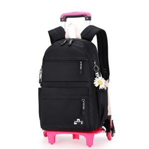 yjmkoi solid-color simple rolling backpack for girls, pink trolley bags on 6 wheels, carry-on luggage bookbag with wheels for middle school