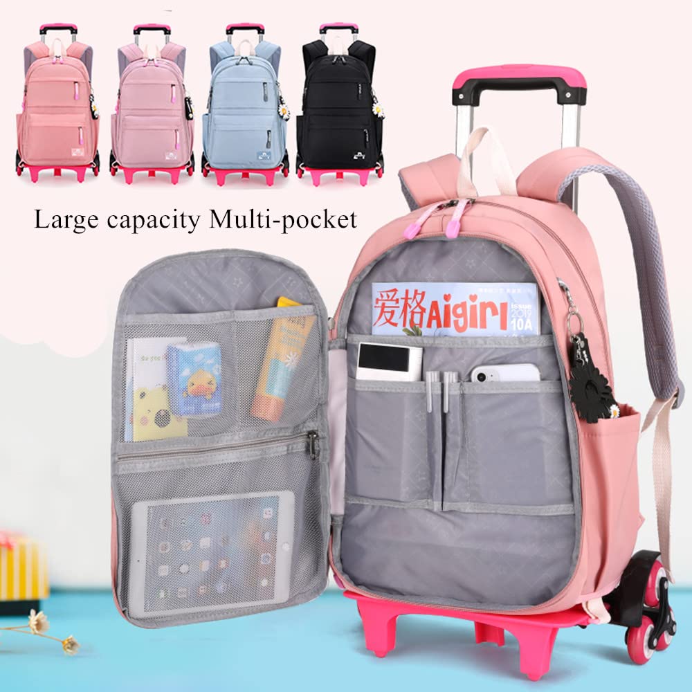 YJMKOI Solid-Color Simple Rolling Backpack for Girls, Pink Trolley Bags on 6 Wheels, Carry-on Luggage BookBag with Wheels for Middle School