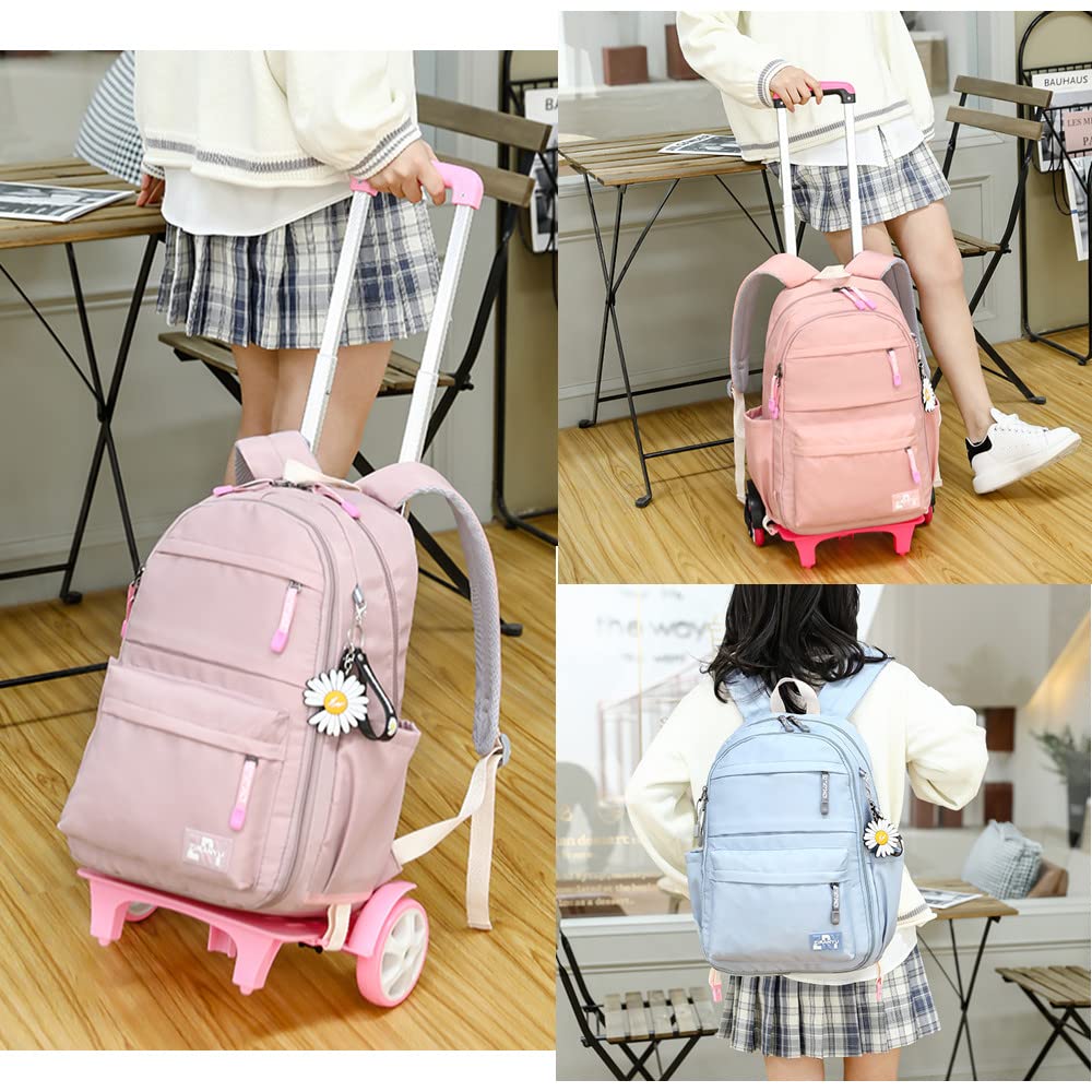 YJMKOI Solid-Color Simple Rolling Backpack for Girls, Pink Trolley Bags on 6 Wheels, Carry-on Luggage BookBag with Wheels for Middle School