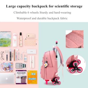 YJMKOI Solid-Color Simple Rolling Backpack for Girls, Pink Trolley Bags on 6 Wheels, Carry-on Luggage BookBag with Wheels for Middle School