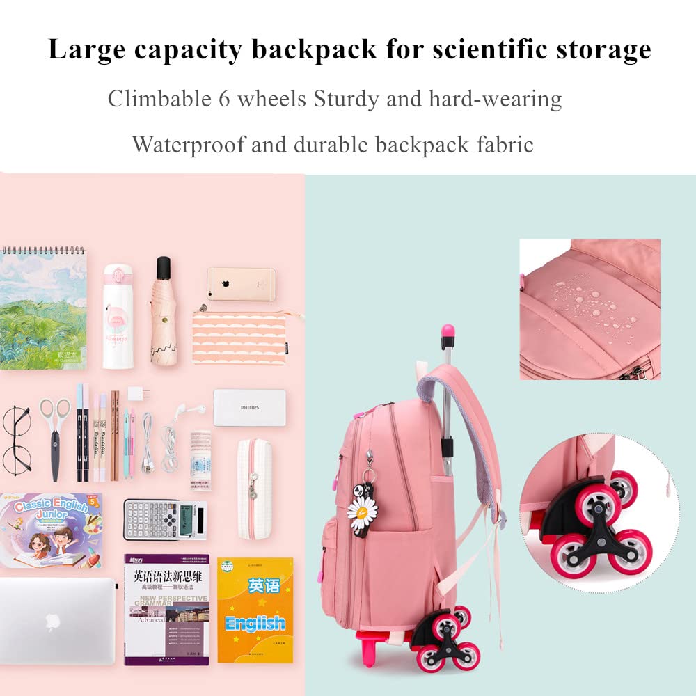 YJMKOI Solid-Color Simple Rolling Backpack for Girls, Pink Trolley Bags on 6 Wheels, Carry-on Luggage BookBag with Wheels for Middle School