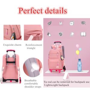 YJMKOI Solid-Color Simple Rolling Backpack for Girls, Pink Trolley Bags on 6 Wheels, Carry-on Luggage BookBag with Wheels for Middle School