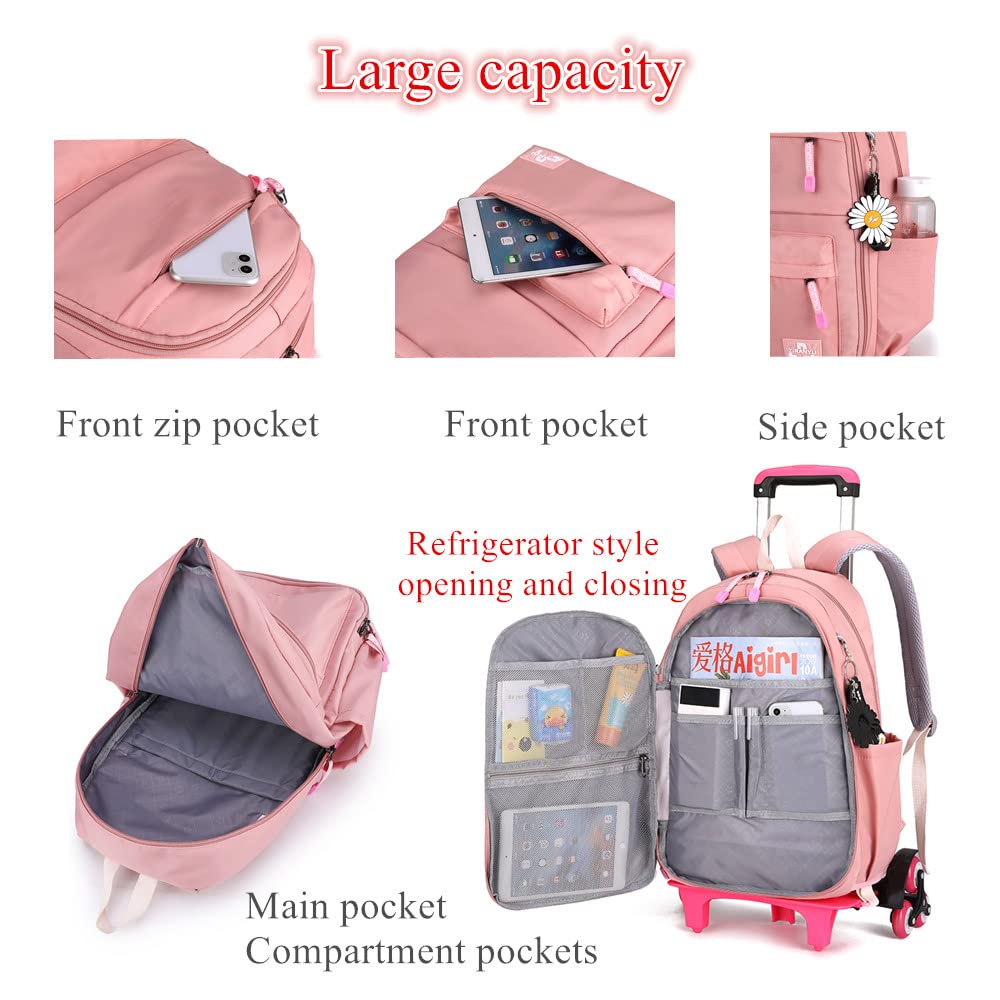 YJMKOI Solid-Color Simple Rolling Backpack for Girls, Pink Trolley Bags on 6 Wheels, Carry-on Luggage BookBag with Wheels for Middle School