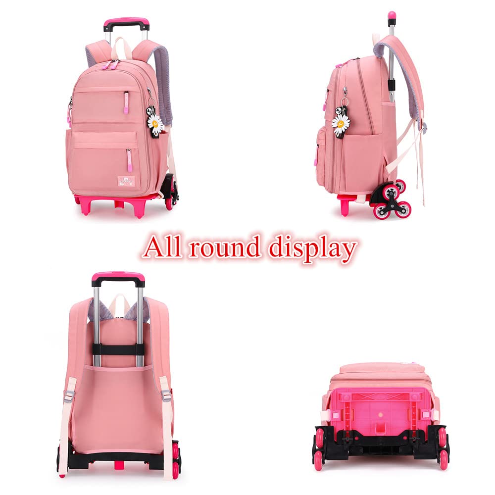 YJMKOI Solid-Color Simple Rolling Backpack for Girls, Pink Trolley Bags on 6 Wheels, Carry-on Luggage BookBag with Wheels for Middle School