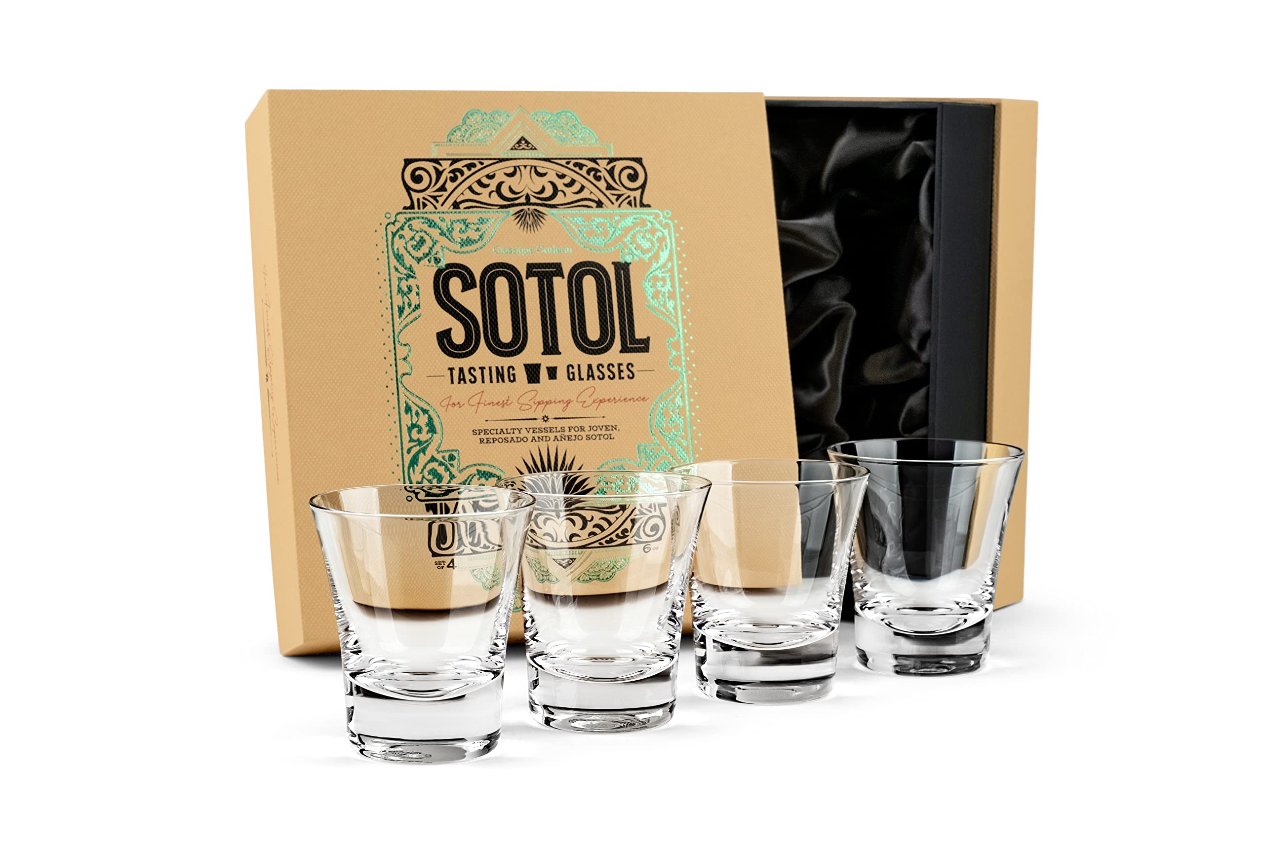 Sotol and Tequila Sipping Glasses | Tequila Glassware Collection | Set of 4 | 6 oz Professional Sippers for Drinking Joven, Reposado, Anejo Sotols | Stemless Heavy Based Liquor Snifters