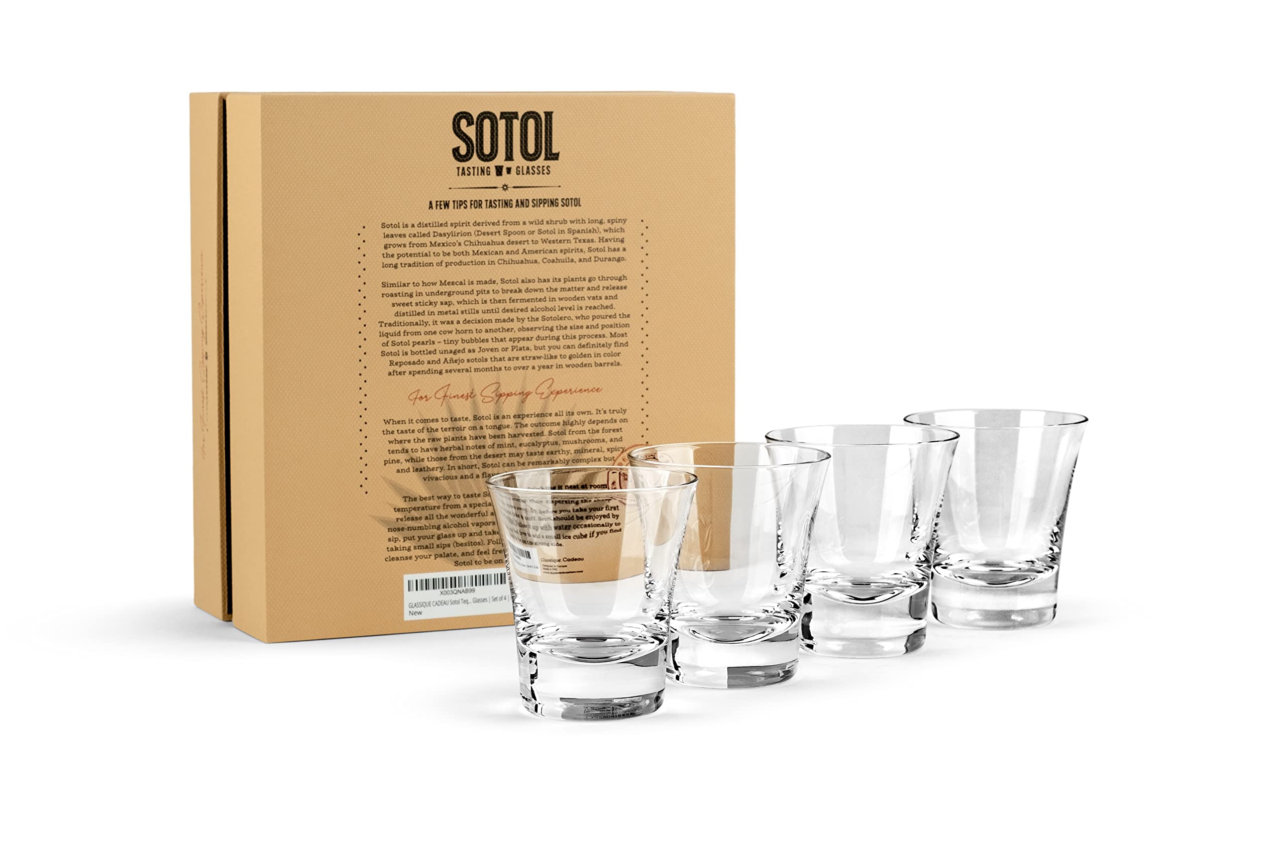 Sotol and Tequila Sipping Glasses | Tequila Glassware Collection | Set of 4 | 6 oz Professional Sippers for Drinking Joven, Reposado, Anejo Sotols | Stemless Heavy Based Liquor Snifters