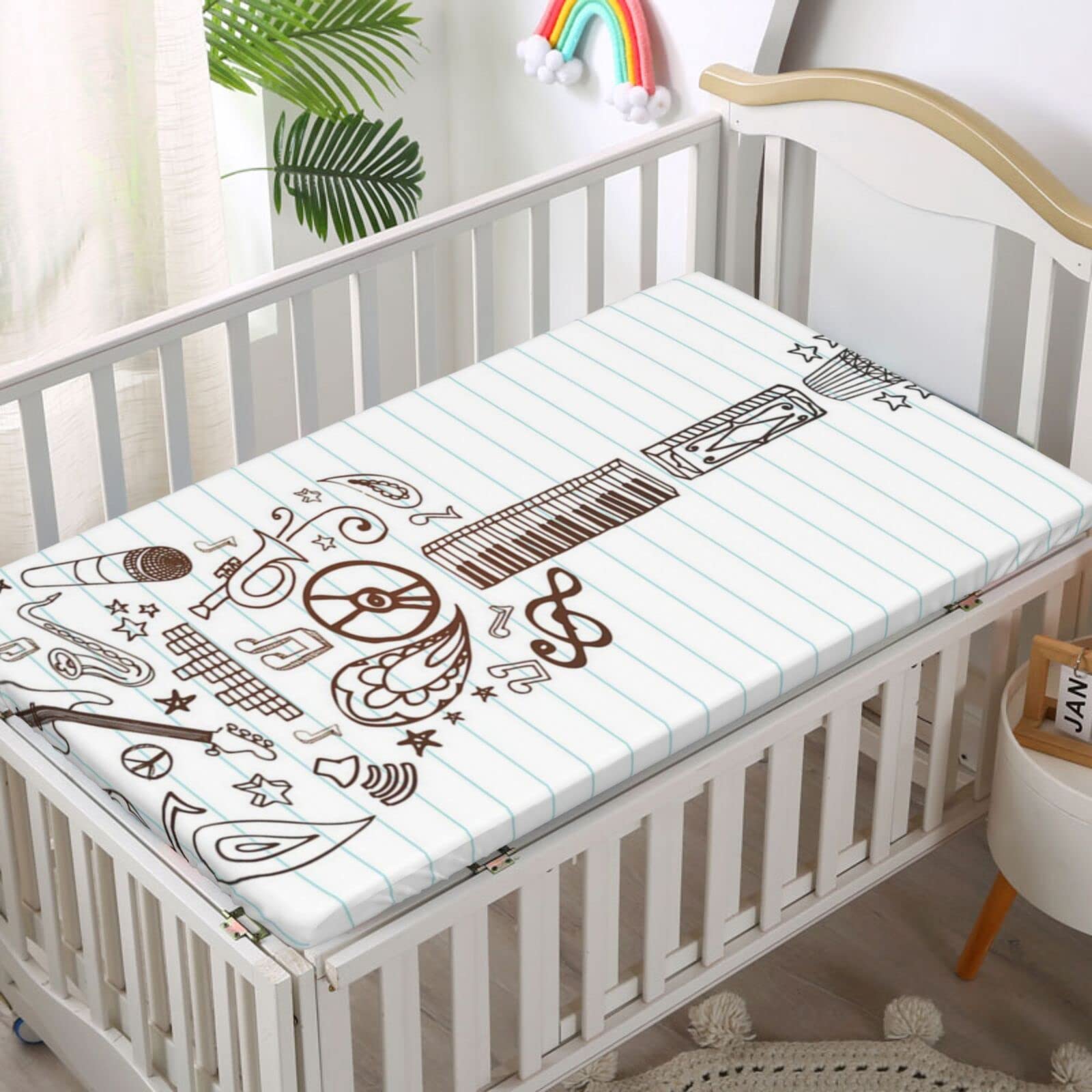 Music Themed Fitted Crib Sheet,Standard Crib Mattress Fitted Sheet Ultra Soft Material-Baby Crib Sheets for Girl or Boy,28“ x52“,White Chocolate Baby Blue