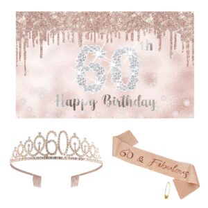 joyiou happy 60th birthday decorations for her, rose gold 60th birthday gifts party supplies for women her, 60th backdrop & sash & tiara set, 60 years old birthday photo booth props (5 * 3 ft)
