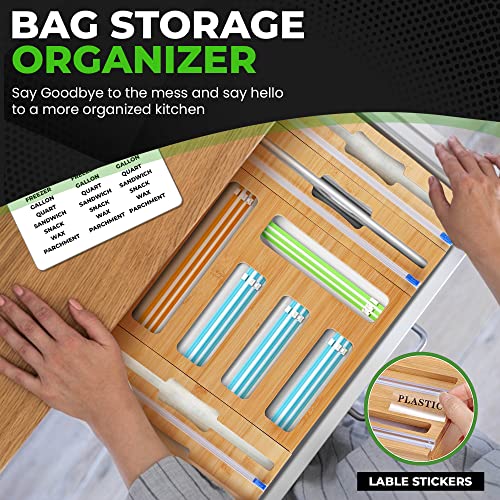 AGILILY 9 IN 1 Bamboo Storage Bag Organizer for Kitchen Drawer, Plastic Wrap and Foil Dispenser with Cutter, Compatible with Gallon, Quart, Sandwich and Snack Variety Size Bags (Natural, 3.5” High)