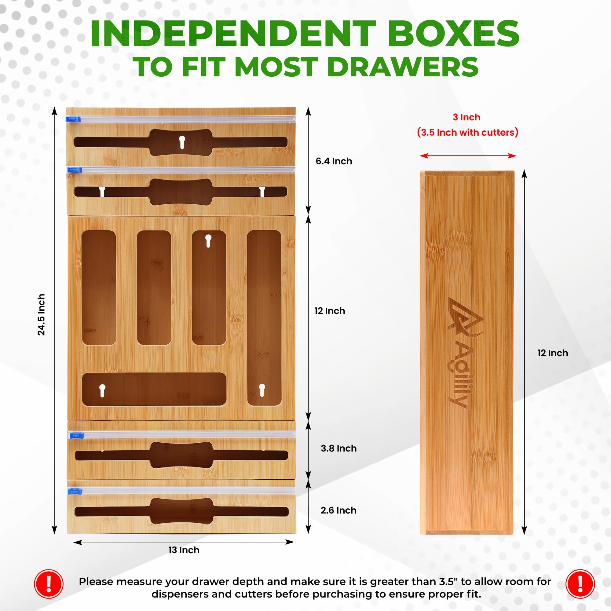 AGILILY 9 IN 1 Bamboo Storage Bag Organizer for Kitchen Drawer, Plastic Wrap and Foil Dispenser with Cutter, Compatible with Gallon, Quart, Sandwich and Snack Variety Size Bags (Natural, 3.5” High)