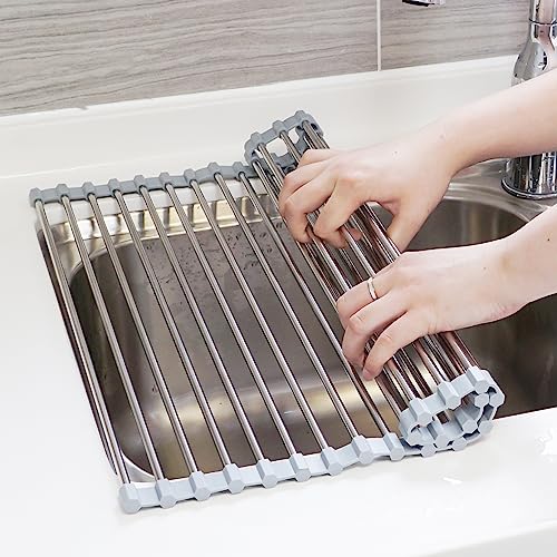 Mikinya Over The Sink Dish Drying Rack, Roll Up Dish Drying Rack Kitchen Dish Rack Stainless Steel Sink Drying Rack, Multipurpose Foldable Dish Drainer, Gray (17.5''x11.8'')