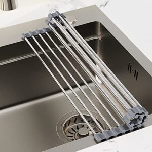 Mikinya Over The Sink Dish Drying Rack, Roll Up Dish Drying Rack Kitchen Dish Rack Stainless Steel Sink Drying Rack, Multipurpose Foldable Dish Drainer, Gray (17.5''x11.8'')