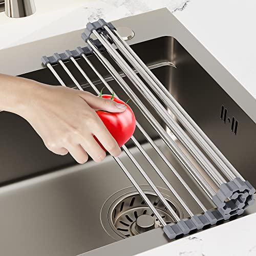 Mikinya Over The Sink Dish Drying Rack, Roll Up Dish Drying Rack Kitchen Dish Rack Stainless Steel Sink Drying Rack, Multipurpose Foldable Dish Drainer, Gray (17.5''x11.8'')