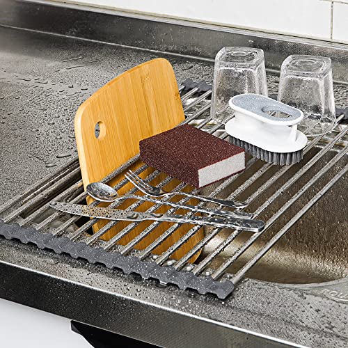 Mikinya Over The Sink Dish Drying Rack, Roll Up Dish Drying Rack Kitchen Dish Rack Stainless Steel Sink Drying Rack, Multipurpose Foldable Dish Drainer, Gray (17.5''x11.8'')