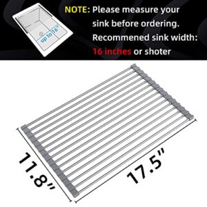 Mikinya Over The Sink Dish Drying Rack, Roll Up Dish Drying Rack Kitchen Dish Rack Stainless Steel Sink Drying Rack, Multipurpose Foldable Dish Drainer, Gray (17.5''x11.8'')