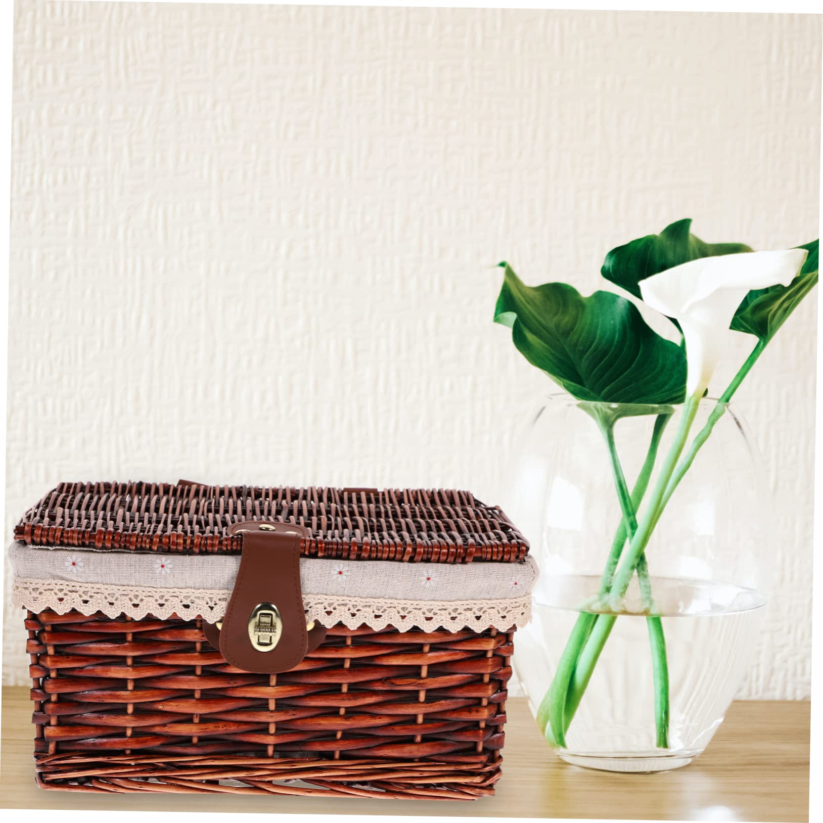 Zerodeko Brown Laundry Storage Basket with Lid, Durable Wicker Basket, Rectangular Storage Bin for Entryway, Shelf, Home Organization