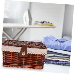 Zerodeko Brown Laundry Storage Basket with Lid, Durable Wicker Basket, Rectangular Storage Bin for Entryway, Shelf, Home Organization