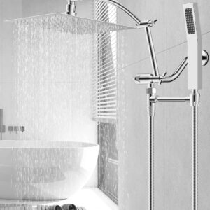 Hibbent All Metal 10'' Rainfall Shower Head, Square Shower Head Combo, High Pressure Handheld Shower Wand, 16'' Adjustable Arc-shaped Shower Extension Arm, 71'' Hose, 2 Showerhead Holders, Chrome