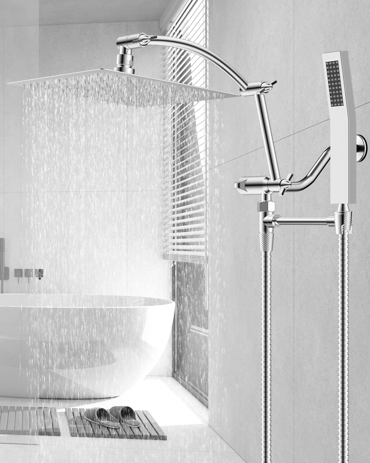 Hibbent All Metal 10'' Rainfall Shower Head, Square Shower Head Combo, High Pressure Handheld Shower Wand, 16'' Adjustable Arc-shaped Shower Extension Arm, 71'' Hose, 2 Showerhead Holders, Chrome