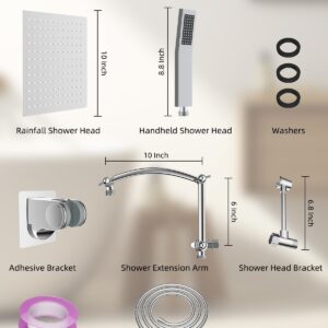 Hibbent All Metal 10'' Rainfall Shower Head, Square Shower Head Combo, High Pressure Handheld Shower Wand, 16'' Adjustable Arc-shaped Shower Extension Arm, 71'' Hose, 2 Showerhead Holders, Chrome