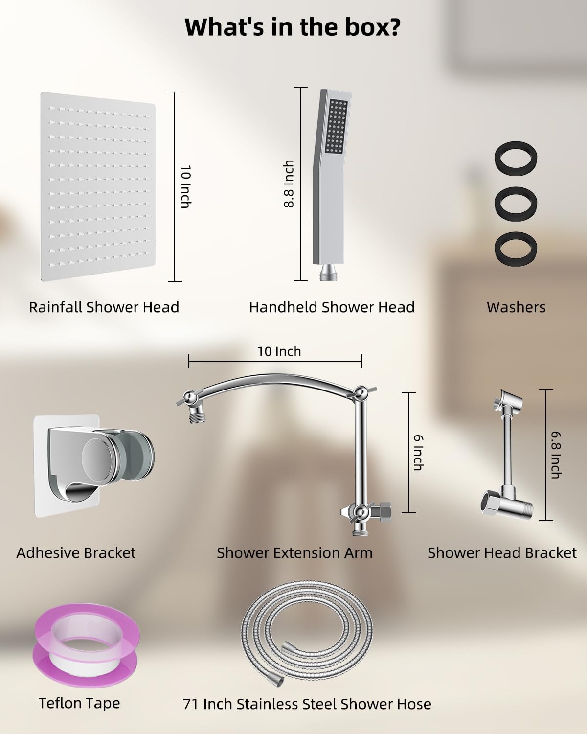 Hibbent All Metal 10'' Rainfall Shower Head, Square Shower Head Combo, High Pressure Handheld Shower Wand, 16'' Adjustable Arc-shaped Shower Extension Arm, 71'' Hose, 2 Showerhead Holders, Chrome