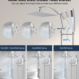 Hibbent All Metal 10'' Rainfall Shower Head, Square Shower Head Combo, High Pressure Handheld Shower Wand, 16'' Adjustable Arc-shaped Shower Extension Arm, 71'' Hose, 2 Showerhead Holders, Chrome