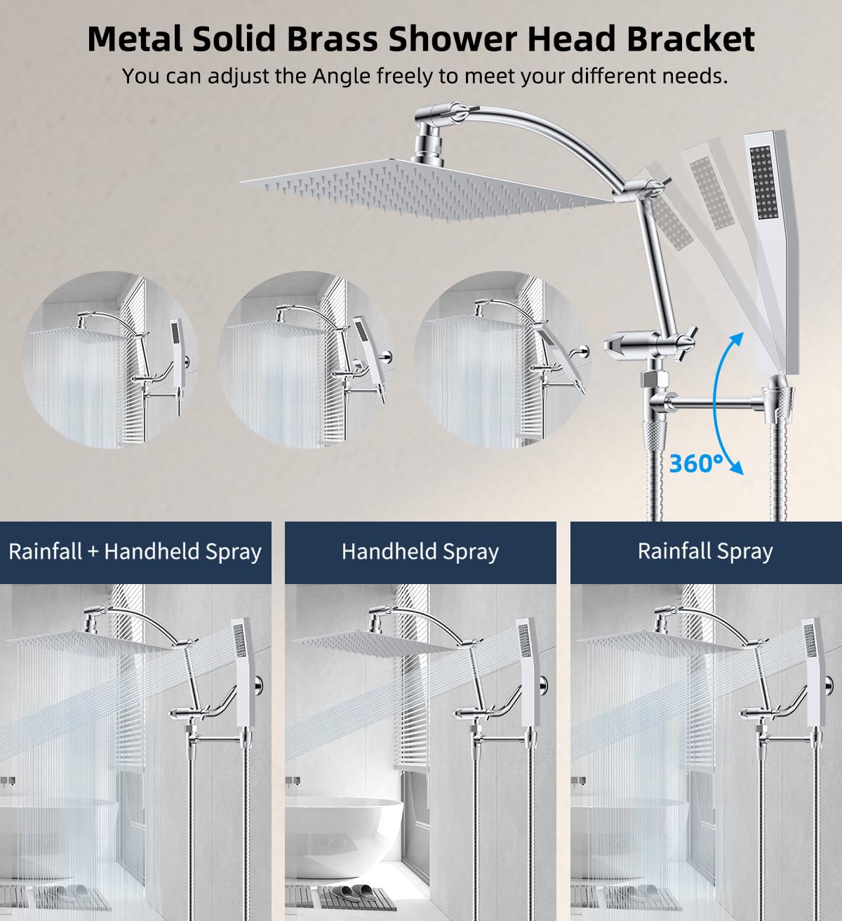 Hibbent All Metal 10'' Rainfall Shower Head, Square Shower Head Combo, High Pressure Handheld Shower Wand, 16'' Adjustable Arc-shaped Shower Extension Arm, 71'' Hose, 2 Showerhead Holders, Chrome