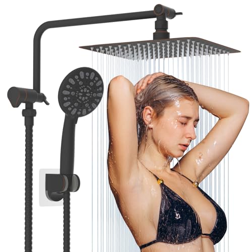 Hygie Rinse Rain Shower Head with Handheld Head High Pressure 10" Rainfall Showerhead+7-Spray Handheld Head Combo, 11" Shower Extension Arm, 71" Hose, 3 Settings Diverter, Oil Rubbed Bronze