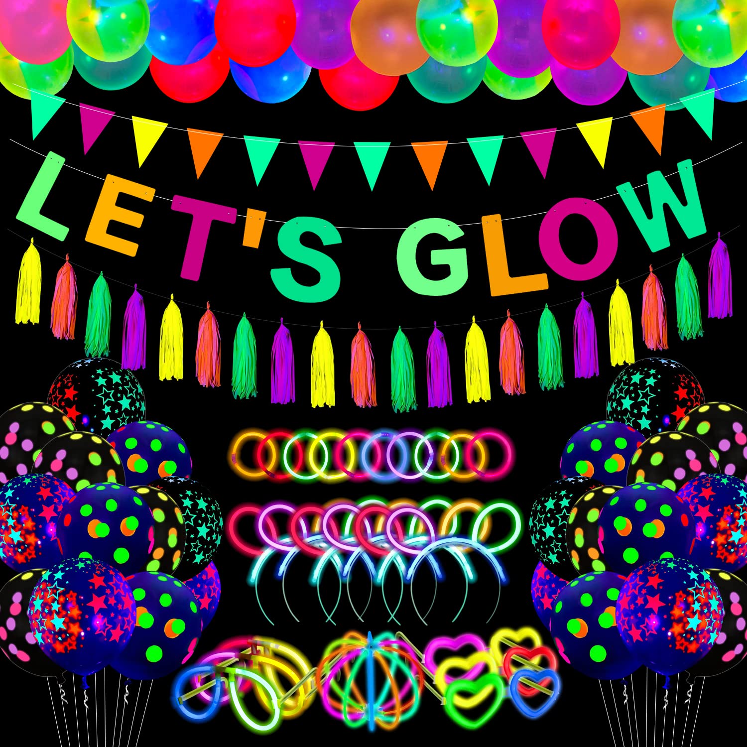 209 Pack Glow Party Supplies Glow Sticks Party Pack Glow Themed Party Hanging Decorations Birthday Party Decoration Tablecloth, Balloons, Sticks, Tassels, Glasses, Headband for Neon Party Decorations