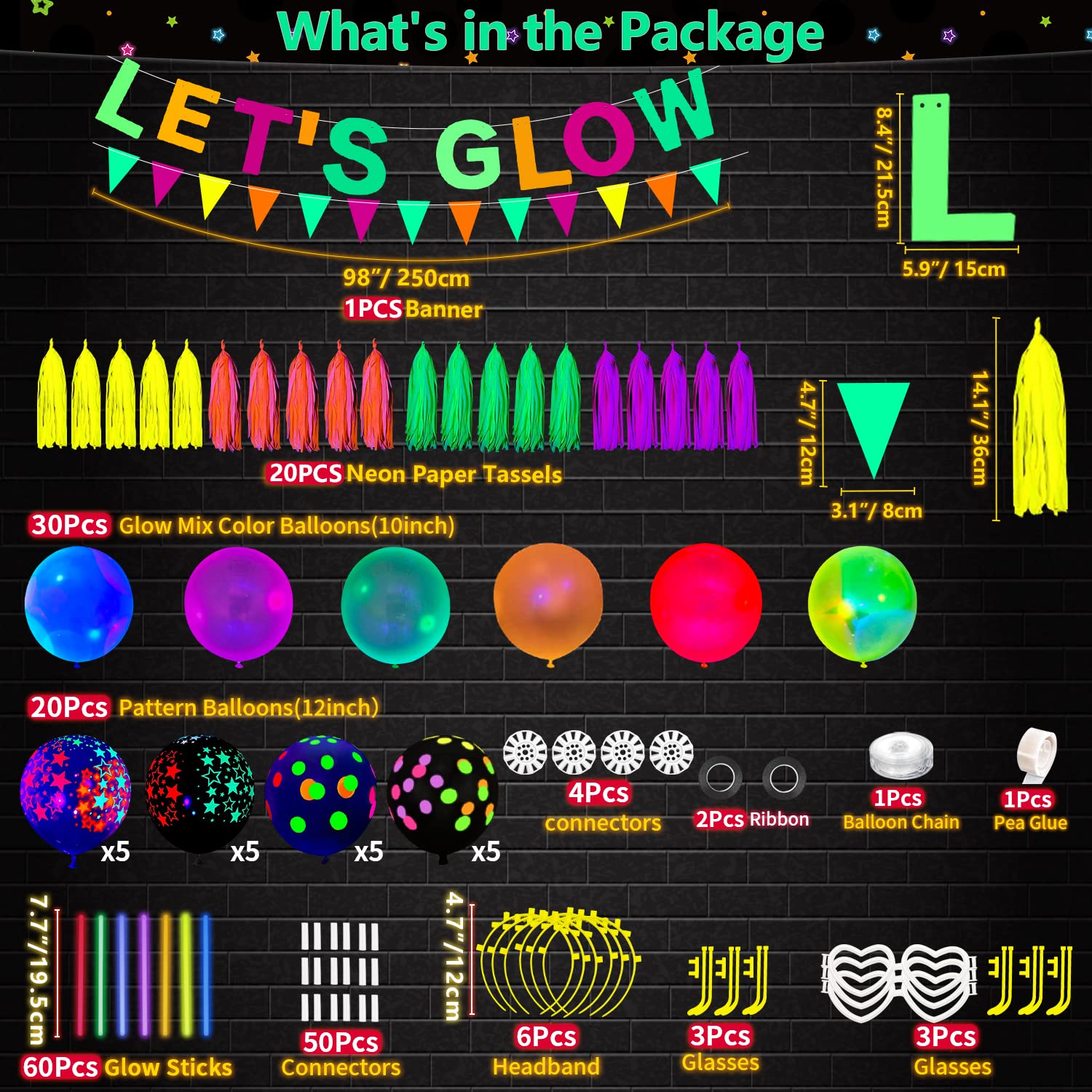 209 Pack Glow Party Supplies Glow Sticks Party Pack Glow Themed Party Hanging Decorations Birthday Party Decoration Tablecloth, Balloons, Sticks, Tassels, Glasses, Headband for Neon Party Decorations