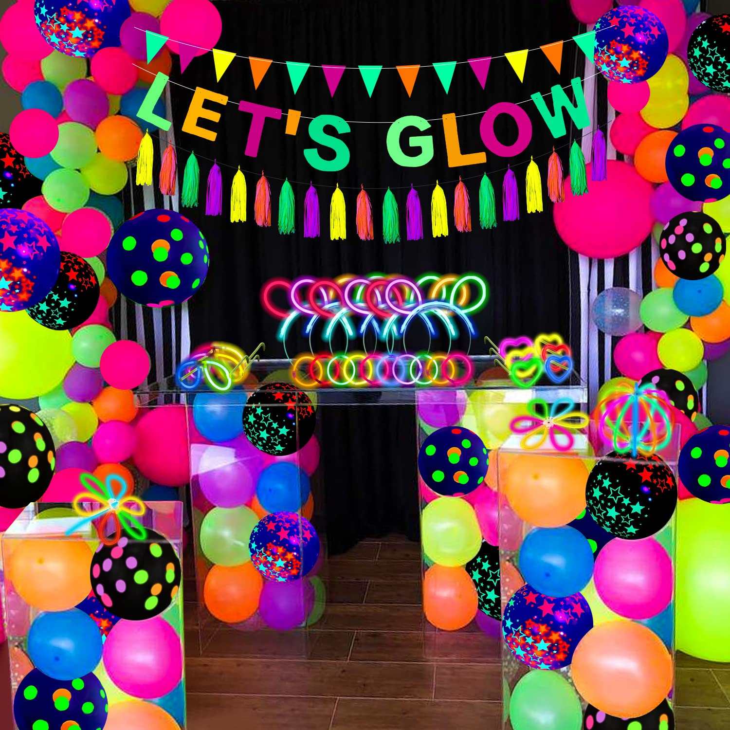 209 Pack Glow Party Supplies Glow Sticks Party Pack Glow Themed Party Hanging Decorations Birthday Party Decoration Tablecloth, Balloons, Sticks, Tassels, Glasses, Headband for Neon Party Decorations