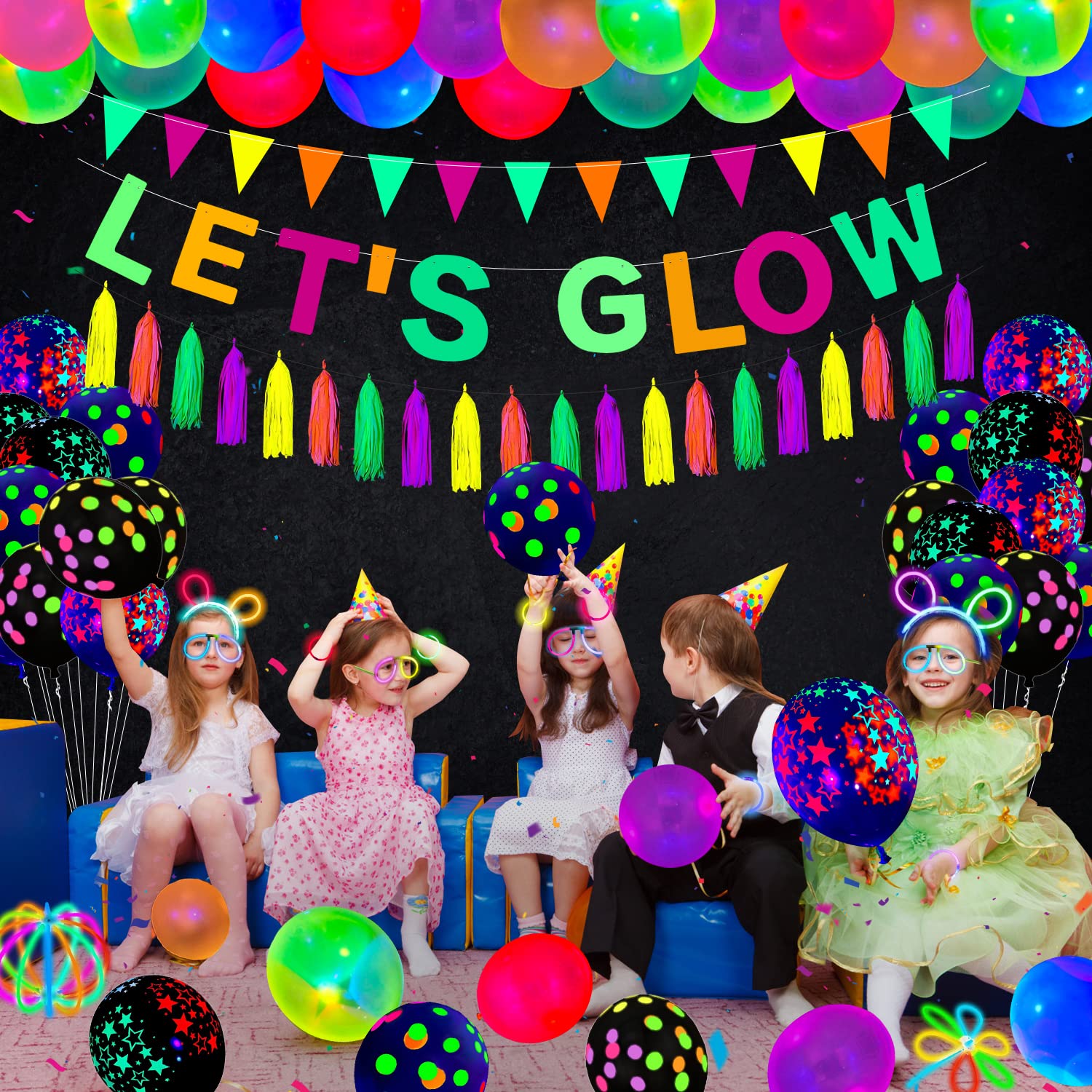 209 Pack Glow Party Supplies Glow Sticks Party Pack Glow Themed Party Hanging Decorations Birthday Party Decoration Tablecloth, Balloons, Sticks, Tassels, Glasses, Headband for Neon Party Decorations